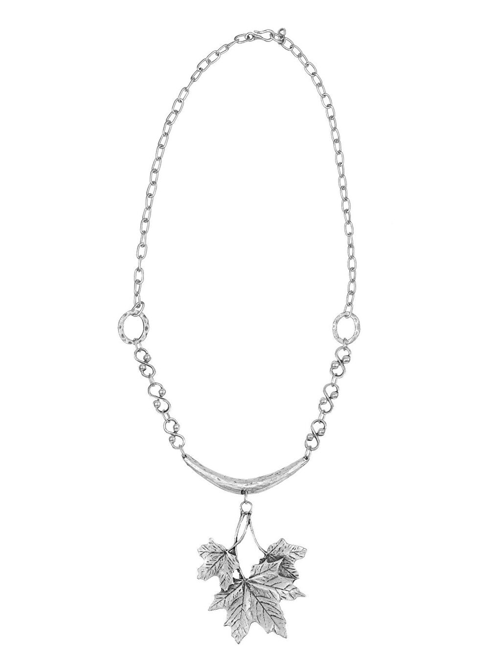 Gri Kadın Antik Gümüş Kaplama Çınar Yaprağı Stilizesi Kolye