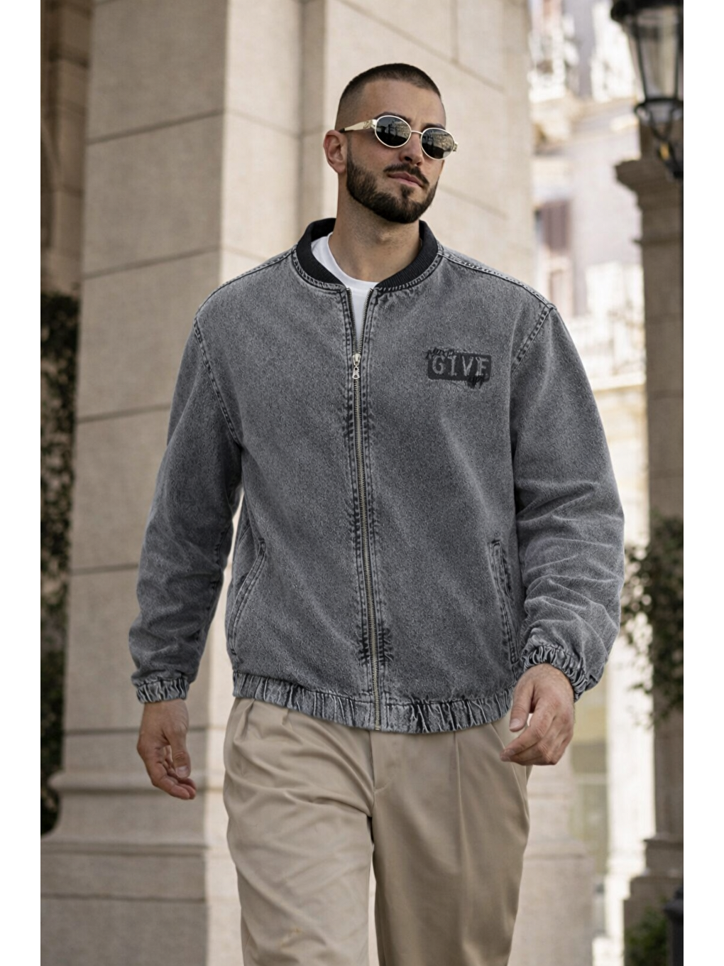 Gri Erkek Günlük Fermuarlı %100 Pamuk Füme Bomber Jean Ceket-2