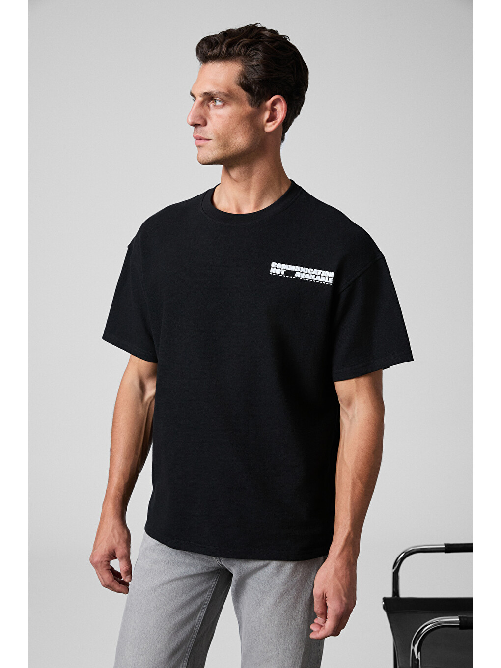 Crest Erkek Göğsü Ve Sırtı Baskılı %100 Organik Pamuk Oversize Fit Bisiklet Yaka Siyah T-shirt-1