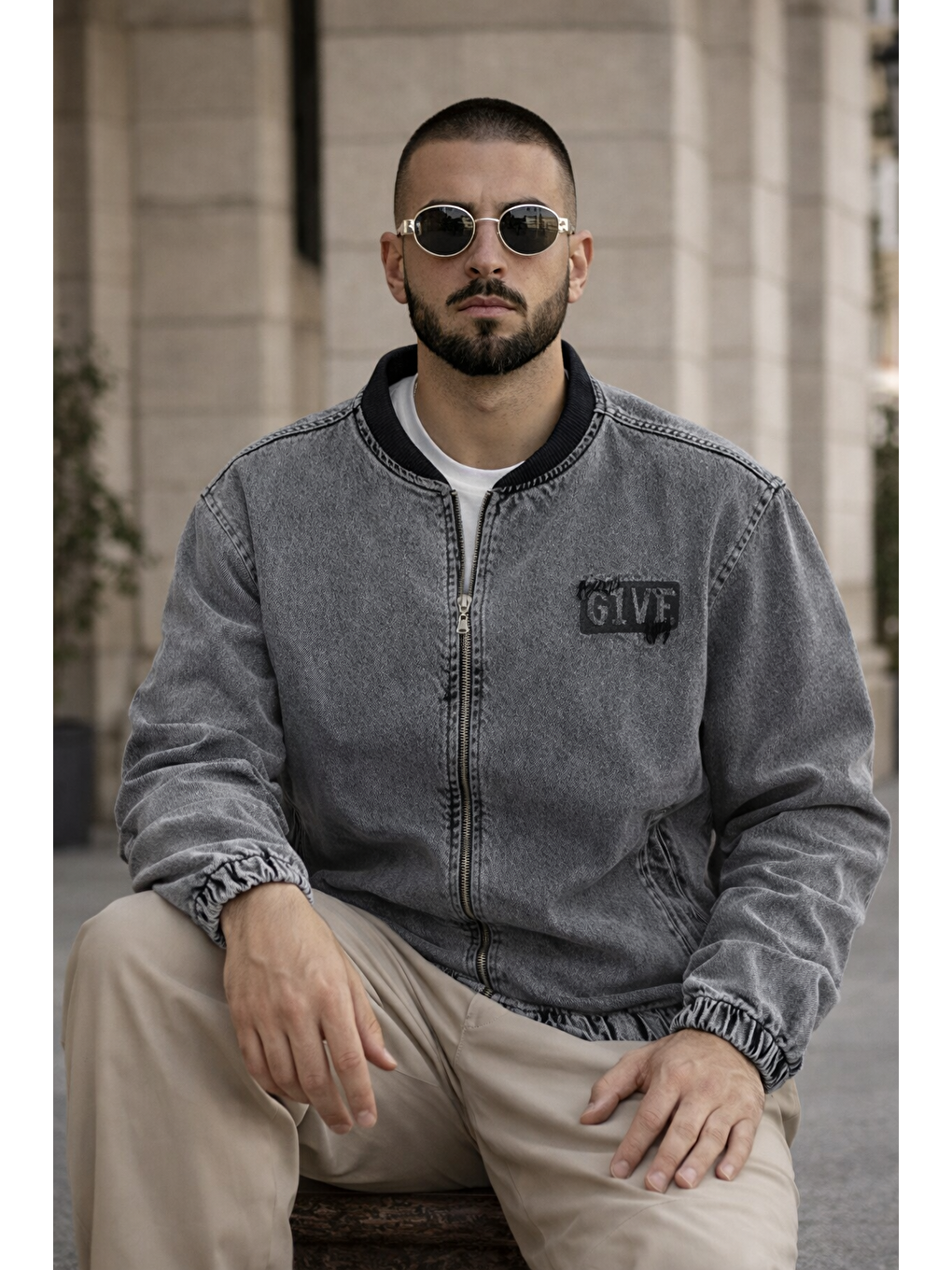 Gri Erkek Günlük Fermuarlı %100 Pamuk Füme Bomber Jean Ceket-3