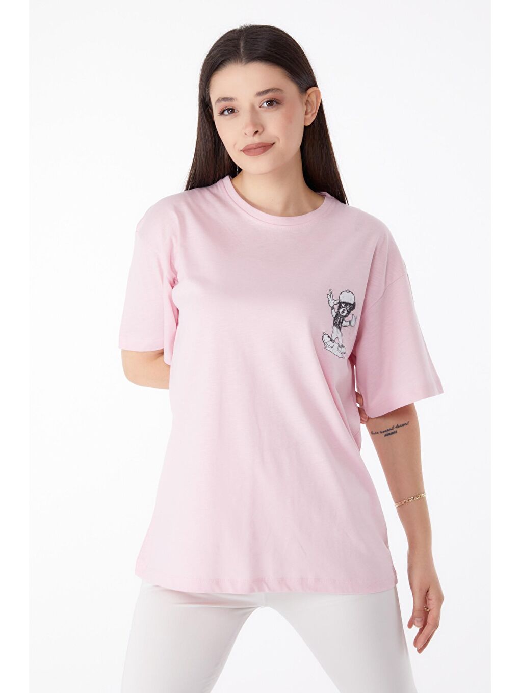 TOFİSA Pembe Düz Bisiklet Yaka Kadın Pembe Baskılı T-shirt - 25287