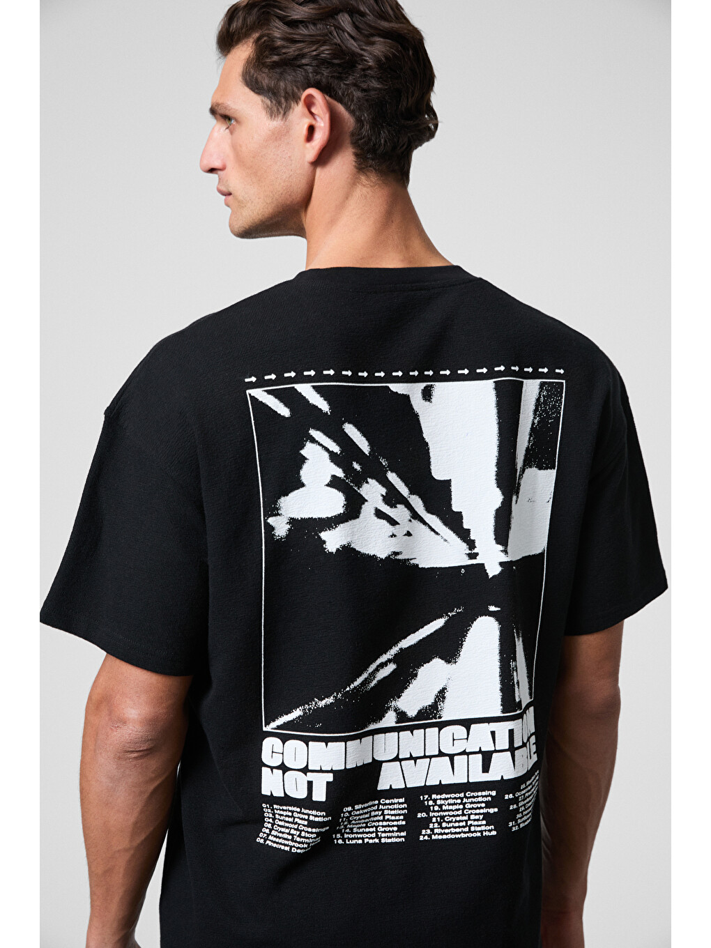 Crest Erkek Göğsü Ve Sırtı Baskılı %100 Organik Pamuk Oversize Fit Bisiklet Yaka Siyah T-shirt-2