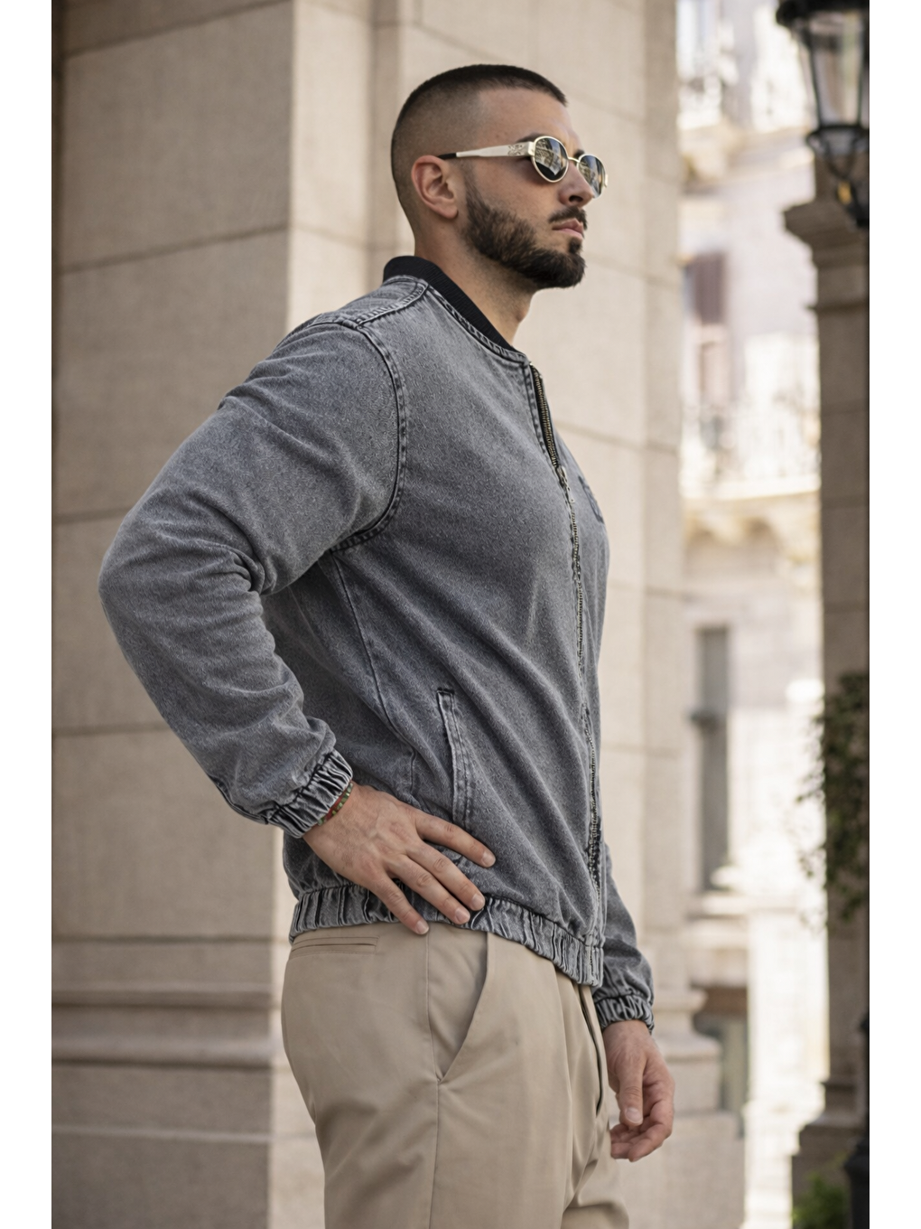 Gri Erkek Günlük Fermuarlı %100 Pamuk Füme Bomber Jean Ceket-4