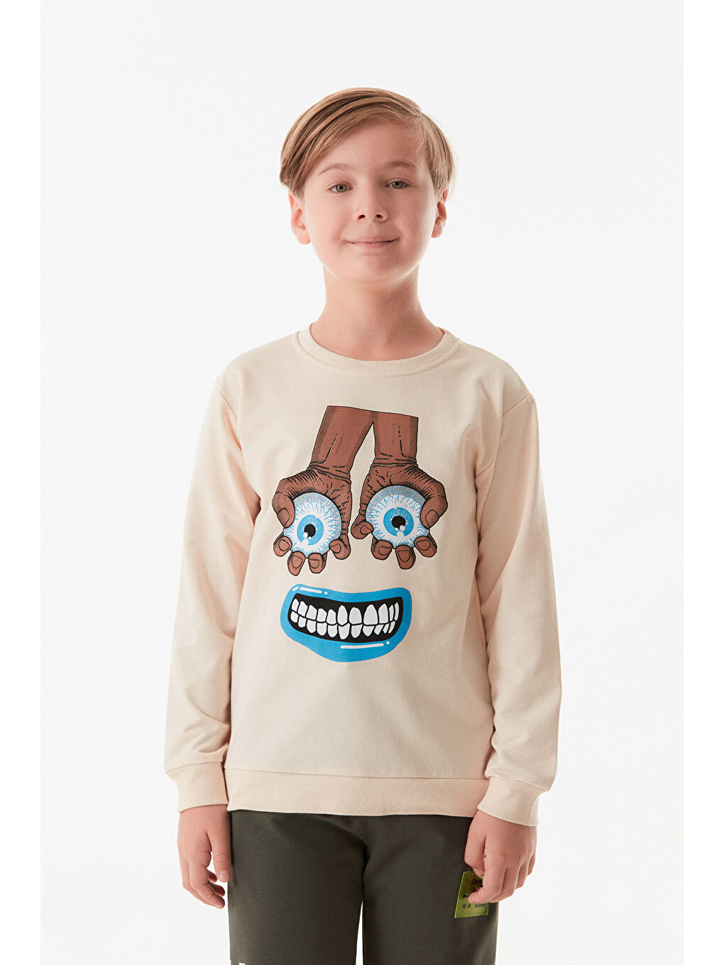 Fullamoda Bej Baskılı Bisiklet Yaka Erkek Çocuk Sweatshirt