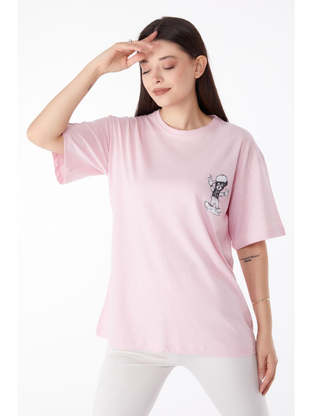 TOFİSA Pembe Düz Bisiklet Yaka Kadın Pembe Baskılı T-shirt - 25287 - 1