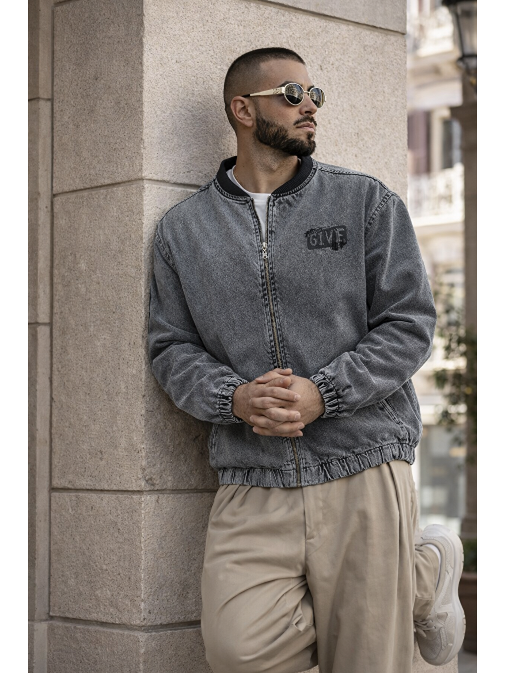 Gri Erkek Günlük Fermuarlı %100 Pamuk Füme Bomber Jean Ceket-5