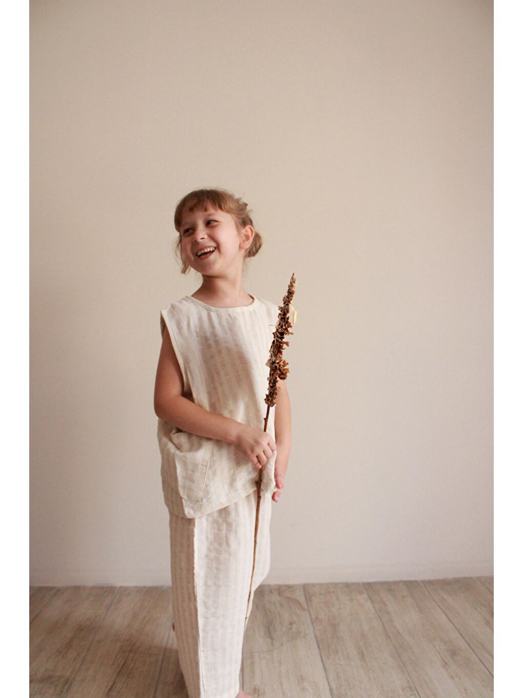 Bej Çizgili Asimetrik Cepli Müslin Takım-3