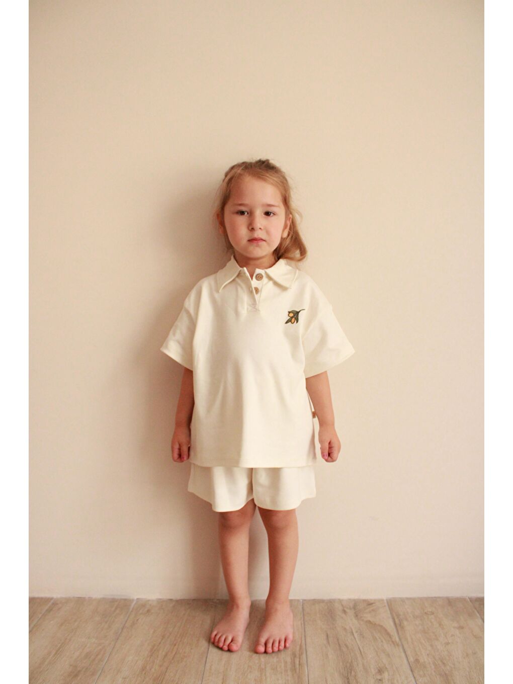 Ekru Zeytin Nakışlı Polo Yaka Şortlu Takım-7