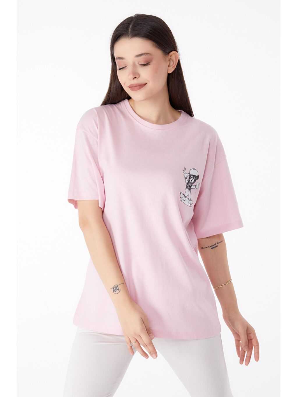 TOFİSA Pembe Düz Bisiklet Yaka Kadın Pembe Baskılı T-shirt - 25287 - 2