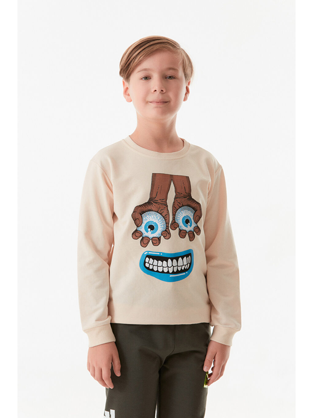 Fullamoda Bej Baskılı Bisiklet Yaka Erkek Çocuk Sweatshirt - 3