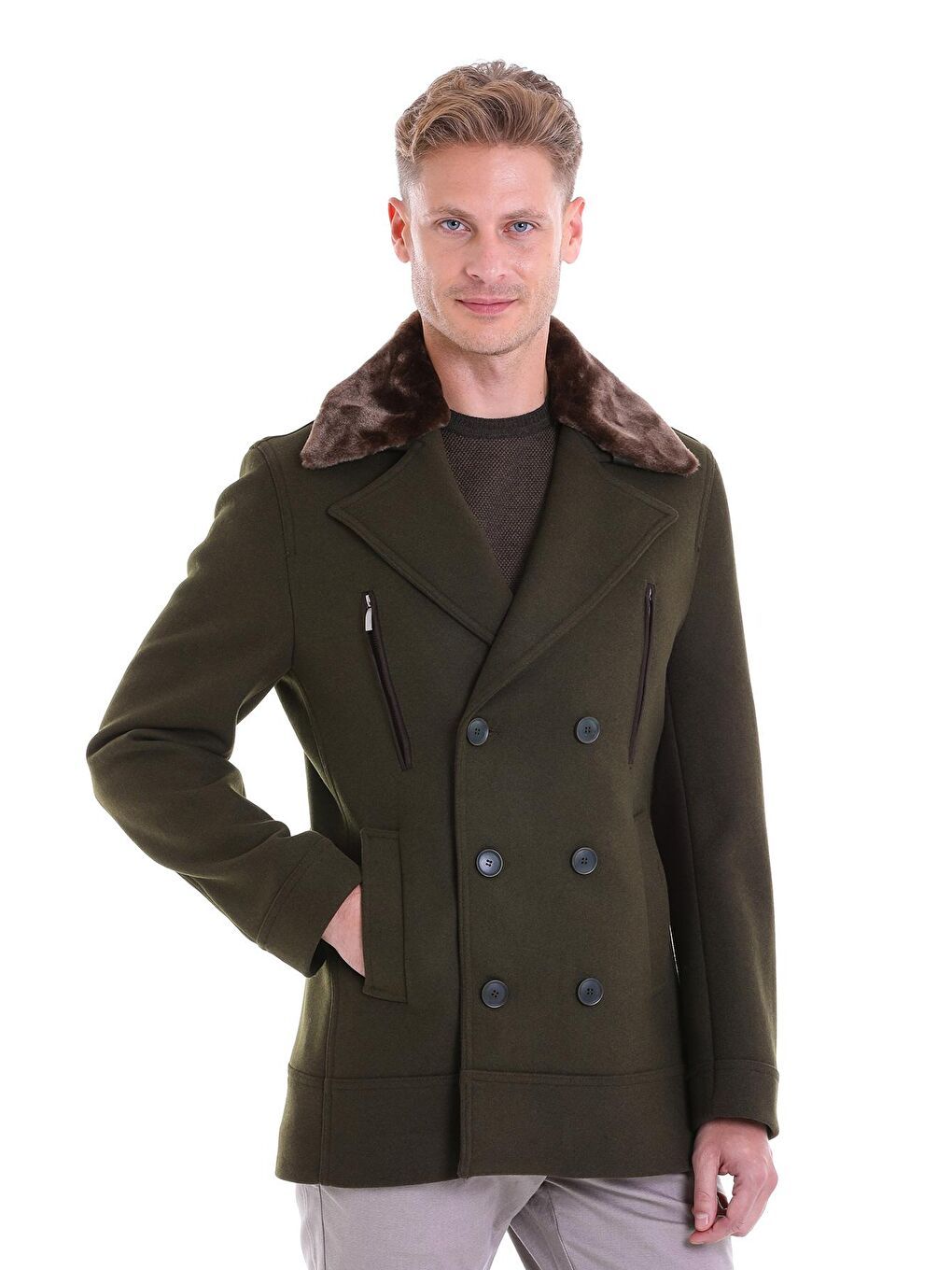 Haki Yeşil Slim Fit Düz Kürklü Kruvaze Yün Kaban