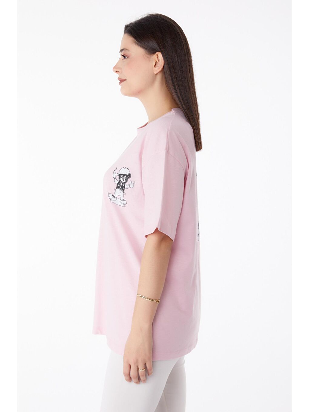 TOFİSA Pembe Düz Bisiklet Yaka Kadın Pembe Baskılı T-shirt - 25287 - 3