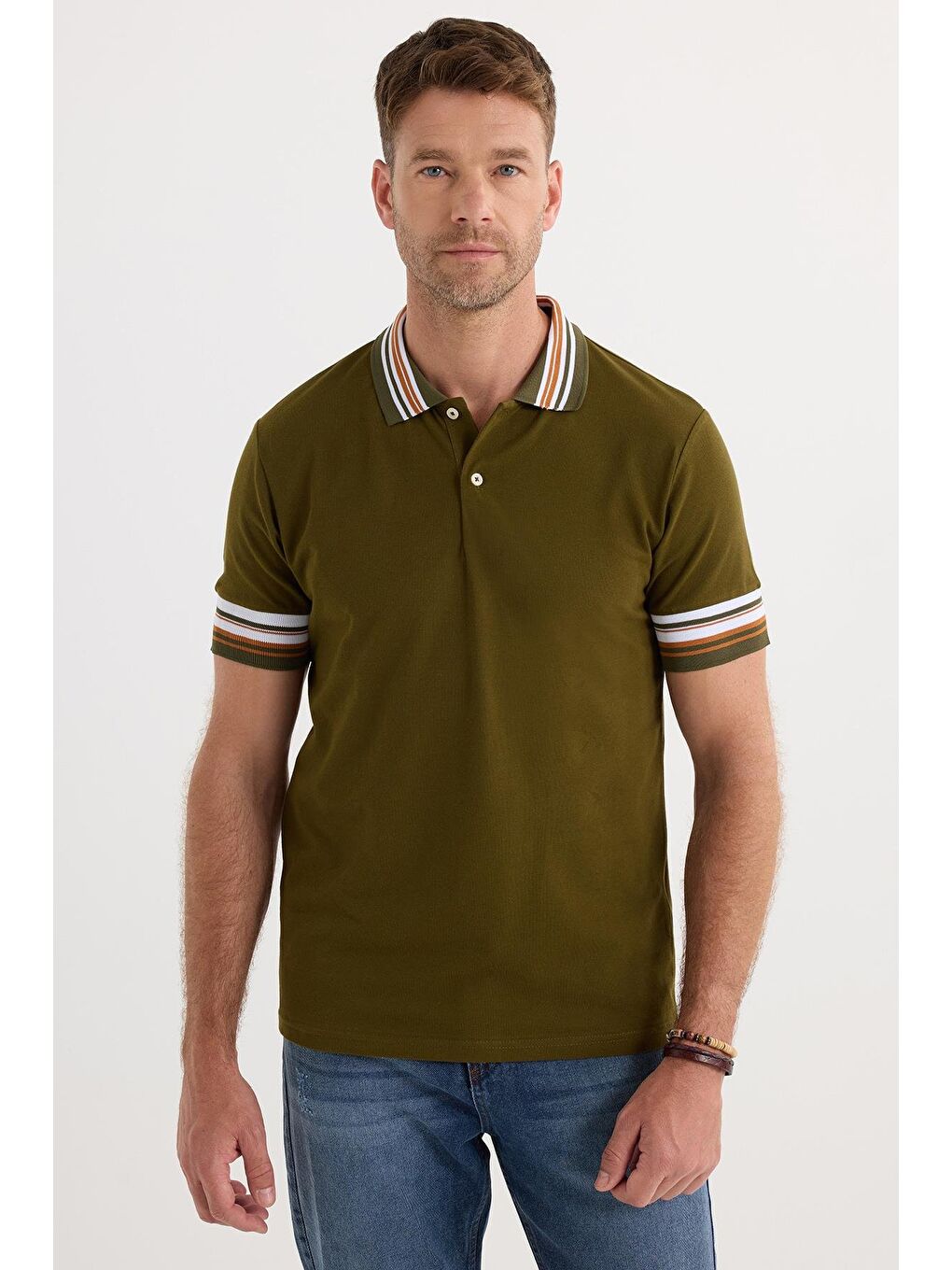 Erkek Slim Fit Dar Kesim %100 Pamuk Düz Pike Yaka Ve Kol Detaylı Koyu Haki Polo Yaka Tişört-1