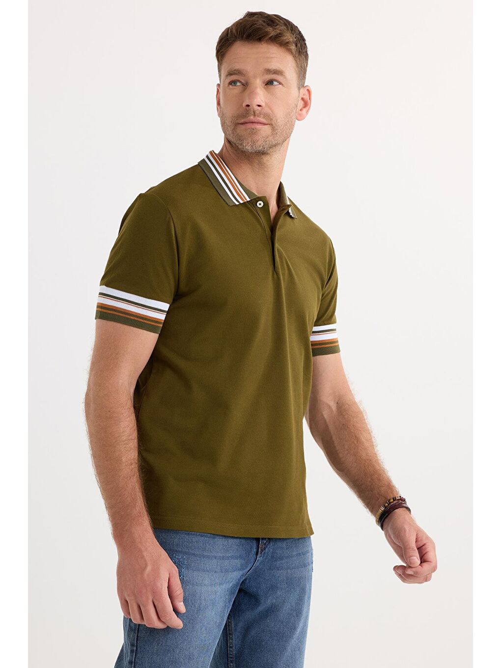 Erkek Slim Fit Dar Kesim %100 Pamuk Düz Pike Yaka Ve Kol Detaylı Koyu Haki Polo Yaka Tişört-3