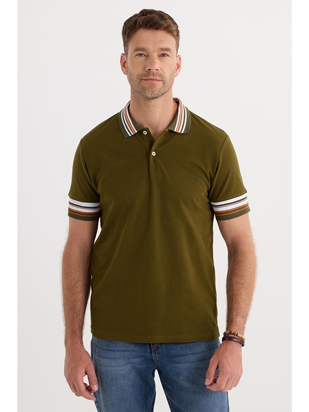 Erkek Slim Fit Dar Kesim %100 Pamuk Düz Pike Yaka Ve Kol Detaylı Koyu Haki Polo Yaka Tişört-4