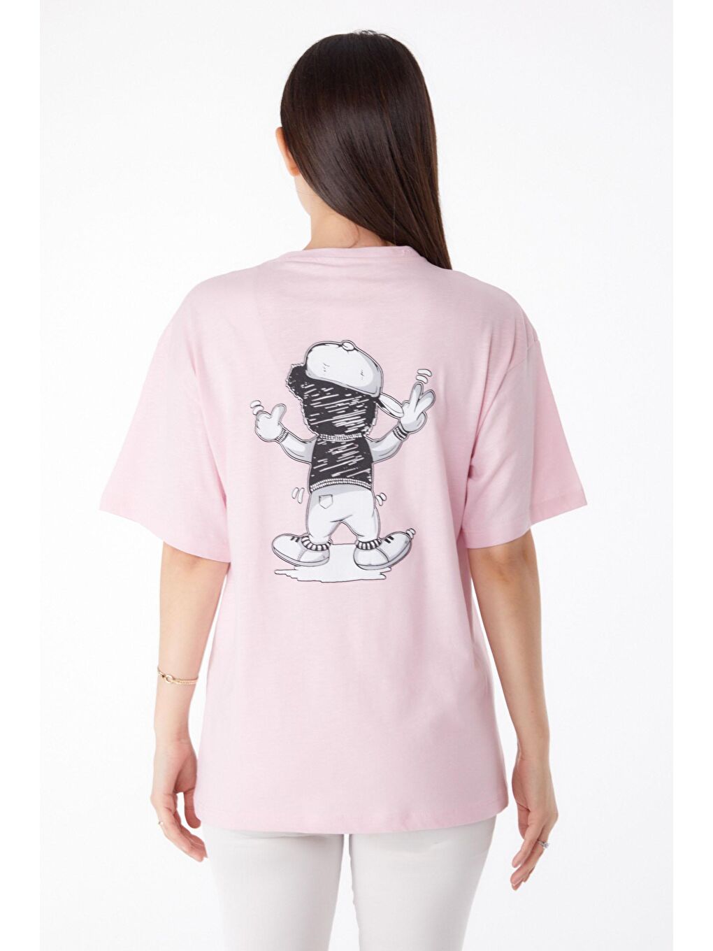 TOFİSA Pembe Düz Bisiklet Yaka Kadın Pembe Baskılı T-shirt - 25287 - 4