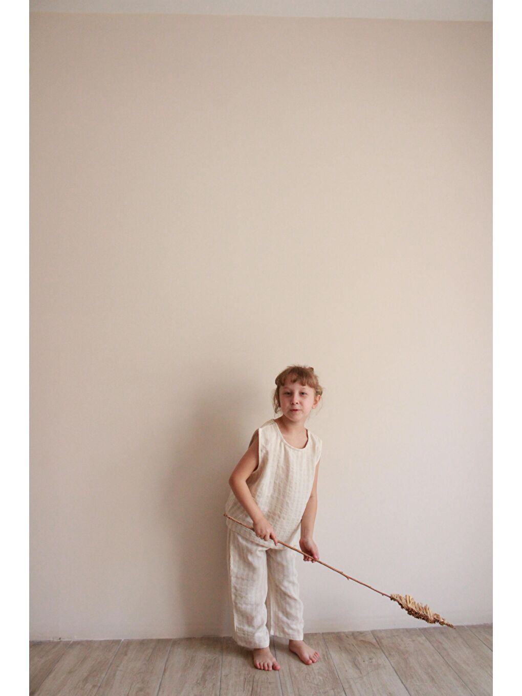 Bej Çizgili Asimetrik Cepli Müslin Takım-4