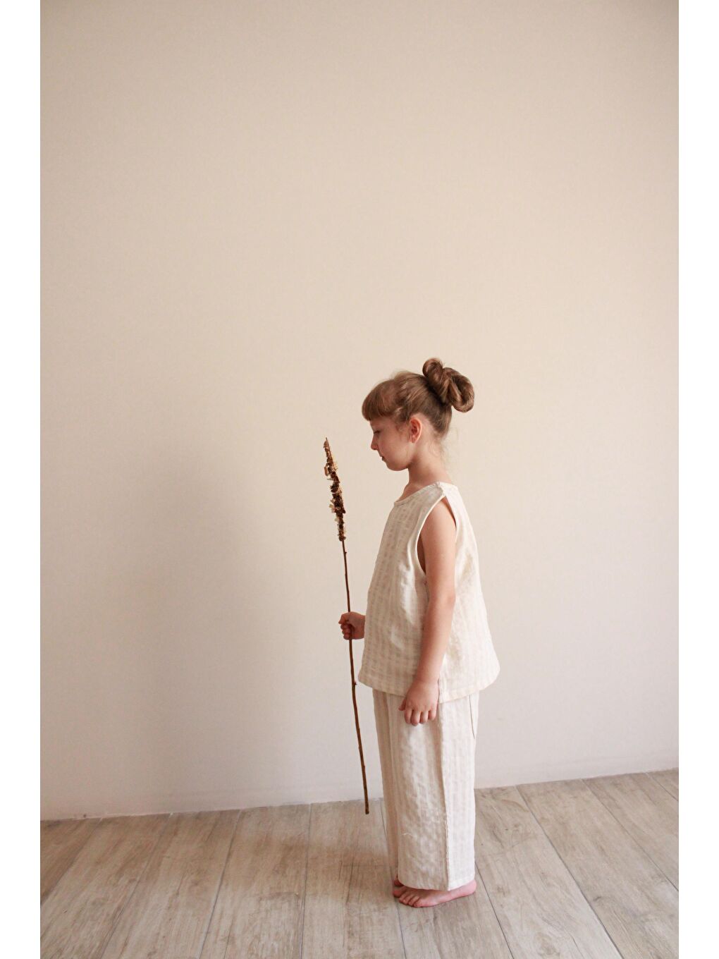 Bej Çizgili Asimetrik Cepli Müslin Takım-5