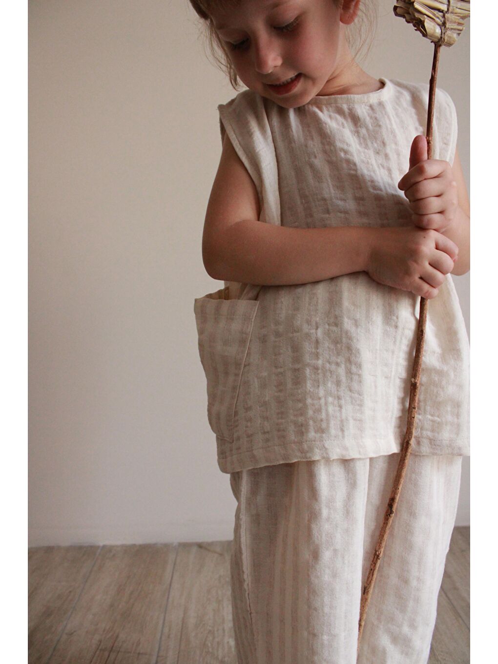 Bej Çizgili Asimetrik Cepli Müslin Takım-6