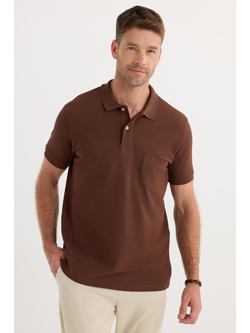 Erkek Regular Fit Klasik Kesim %100 Pamuk Düz Pike Koyu Kahverengi Polo Yaka Tişört