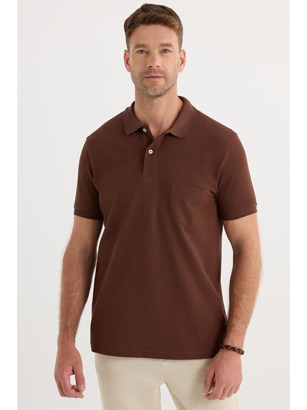 Erkek Regular Fit Klasik Kesim %100 Pamuk Düz Pike Koyu Kahverengi Polo Yaka Tişört-3