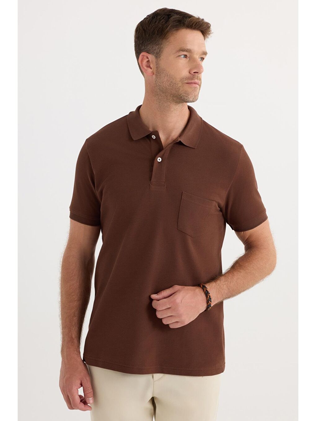 Erkek Regular Fit Klasik Kesim %100 Pamuk Düz Pike Koyu Kahverengi Polo Yaka Tişört-4