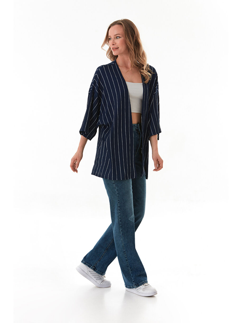 Lacivert Çizgili Bürümcük Kumaş Kimono-1