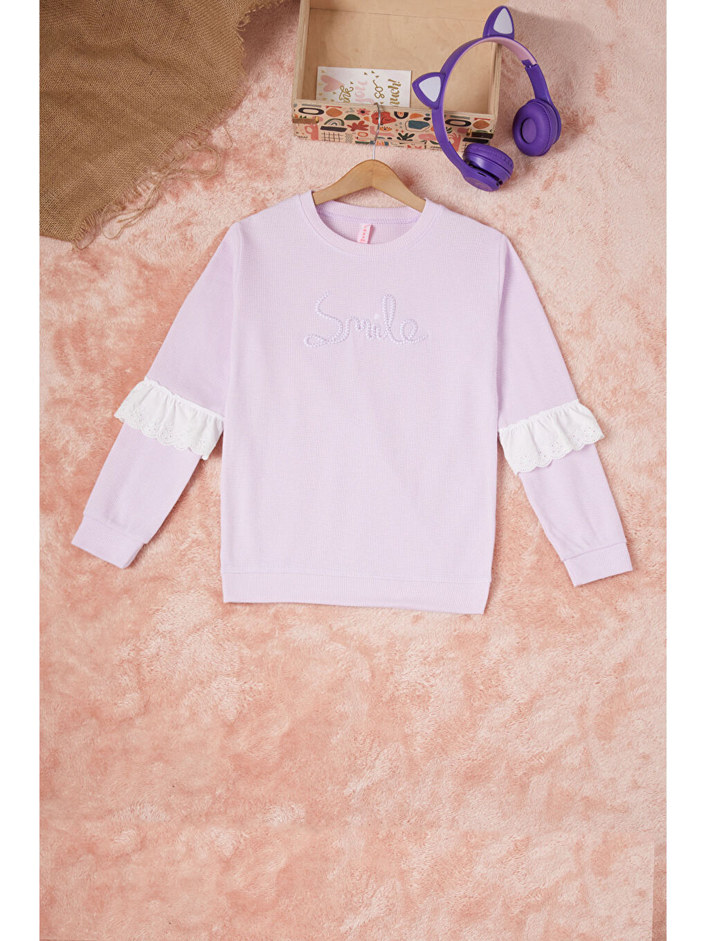 Pembe Life Kids Club Lila Smile Nakışlı Kız Çocuk Waffle Sweatshirt 16593