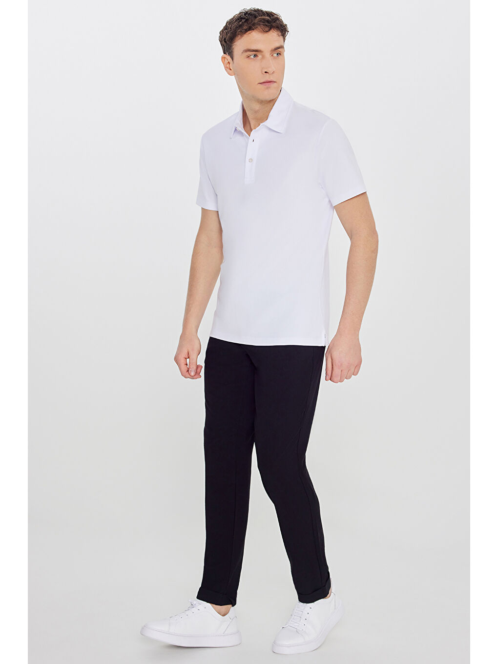 Erkek Beyaz %100 Pamuk Slim Fit Dar Kesim Polo Yaka Tişört-1