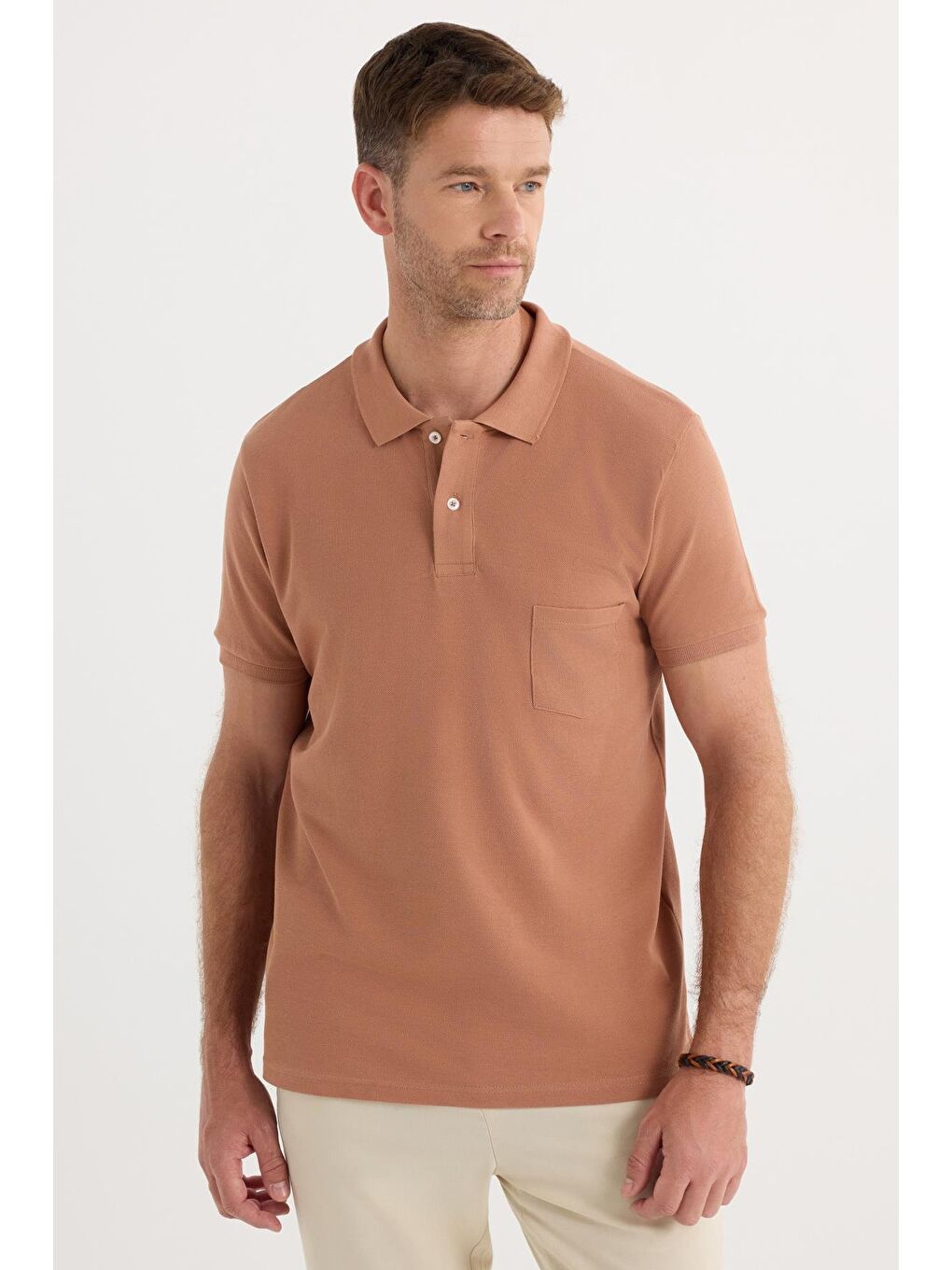 Erkek Regular Fit Klasik Kesim %100 Pamuk Düz Pike Kahverengi Polo Yaka Tişört-3