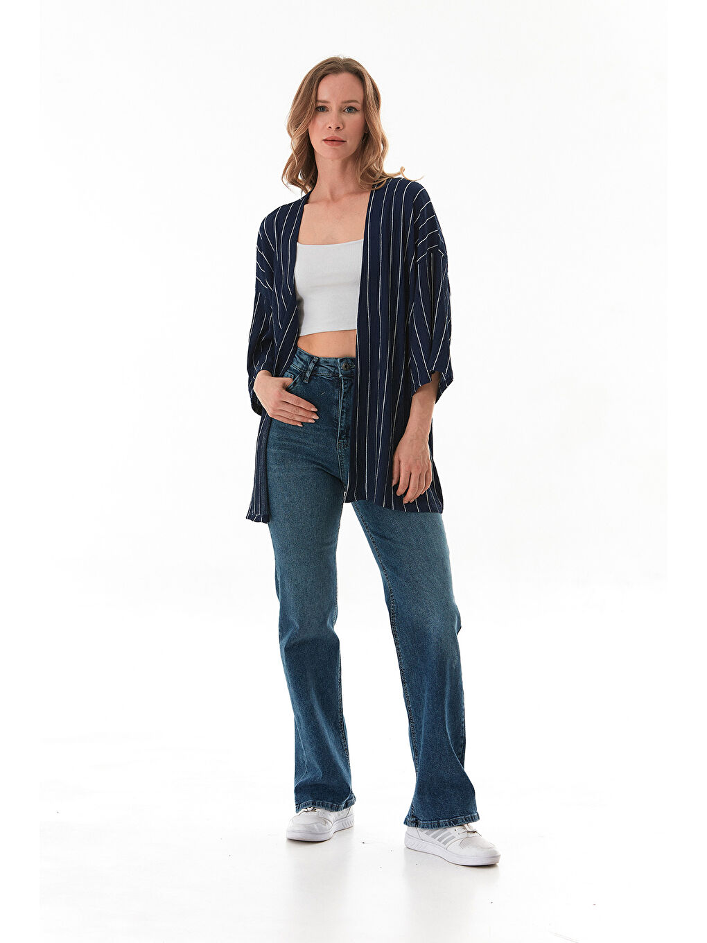 Lacivert Çizgili Bürümcük Kumaş Kimono-2