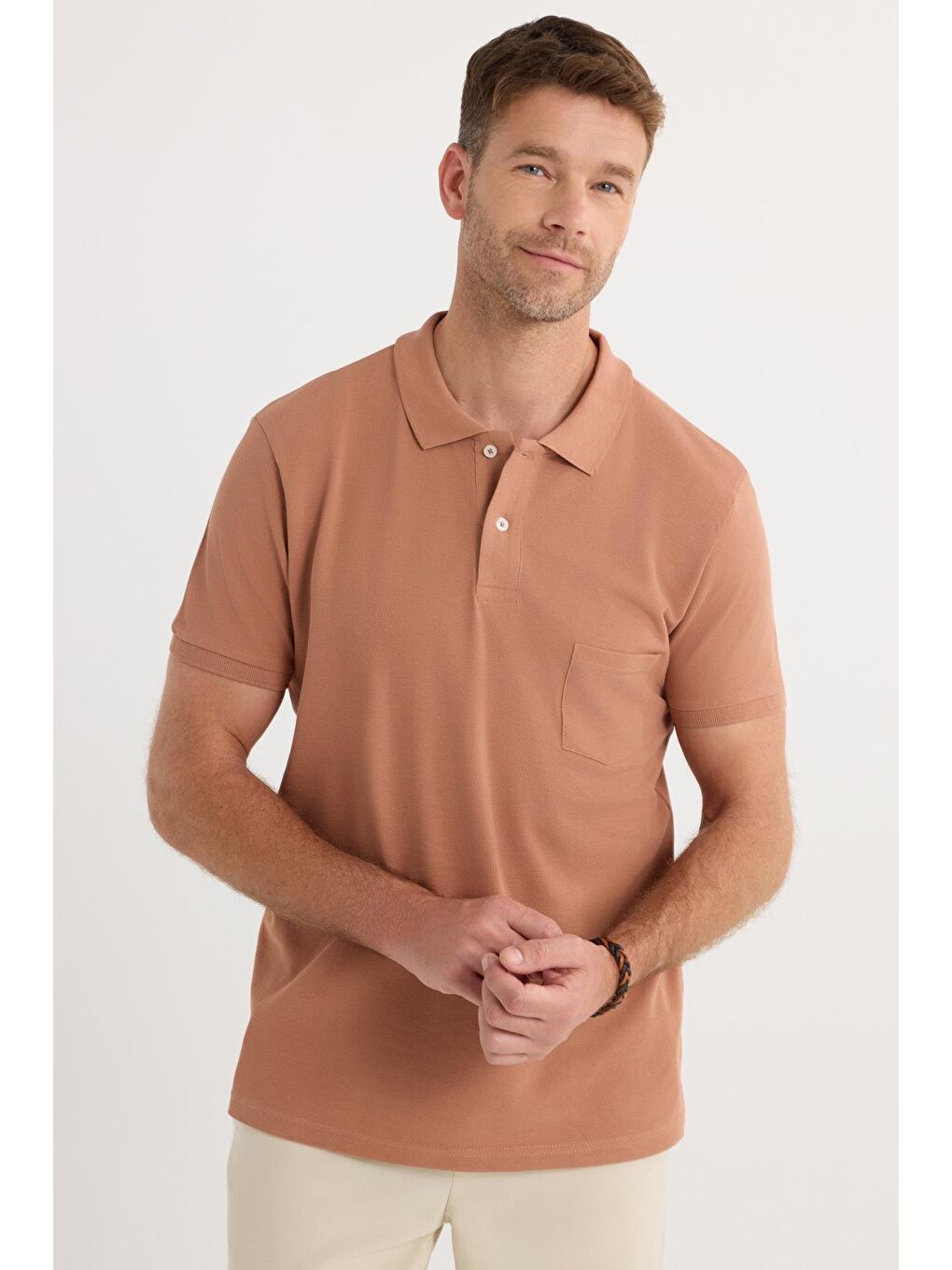 Erkek Regular Fit Klasik Kesim %100 Pamuk Düz Pike Kahverengi Polo Yaka Tişört-4
