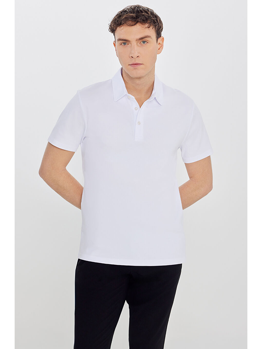 Erkek Beyaz %100 Pamuk Slim Fit Dar Kesim Polo Yaka Tişört-2