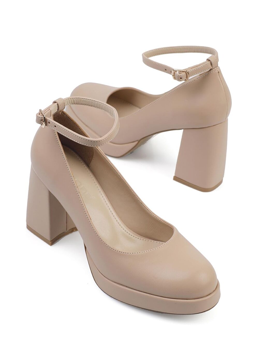 Bej Yuvarlak Burunlu Bilekten Bantlı Platform Kadın Topuklu Ayakkabı-2