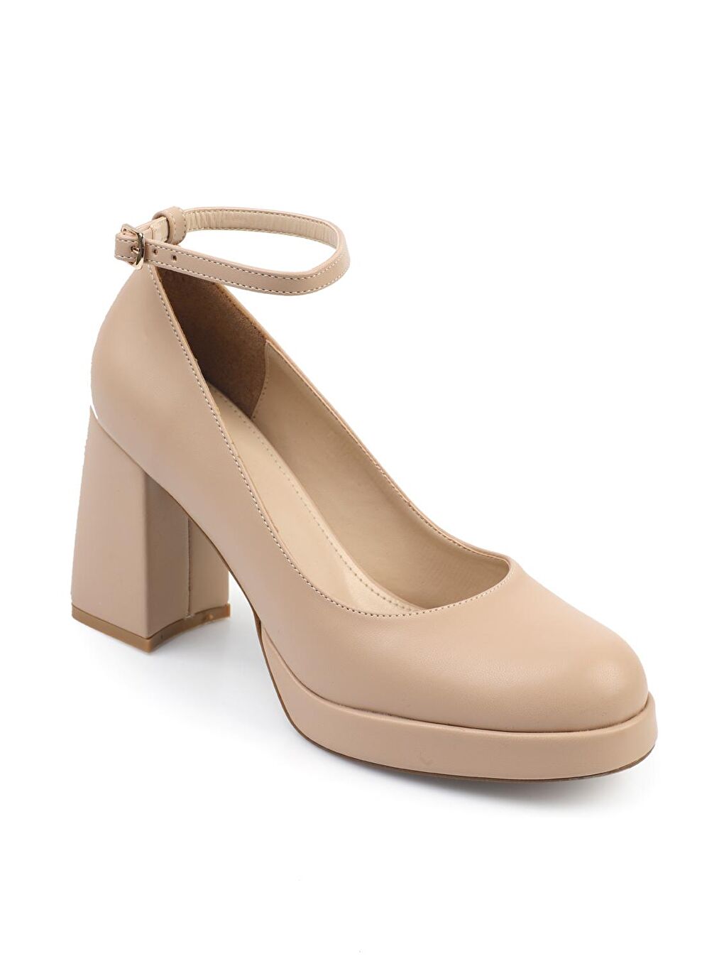 Bej Yuvarlak Burunlu Bilekten Bantlı Platform Kadın Topuklu Ayakkabı-3