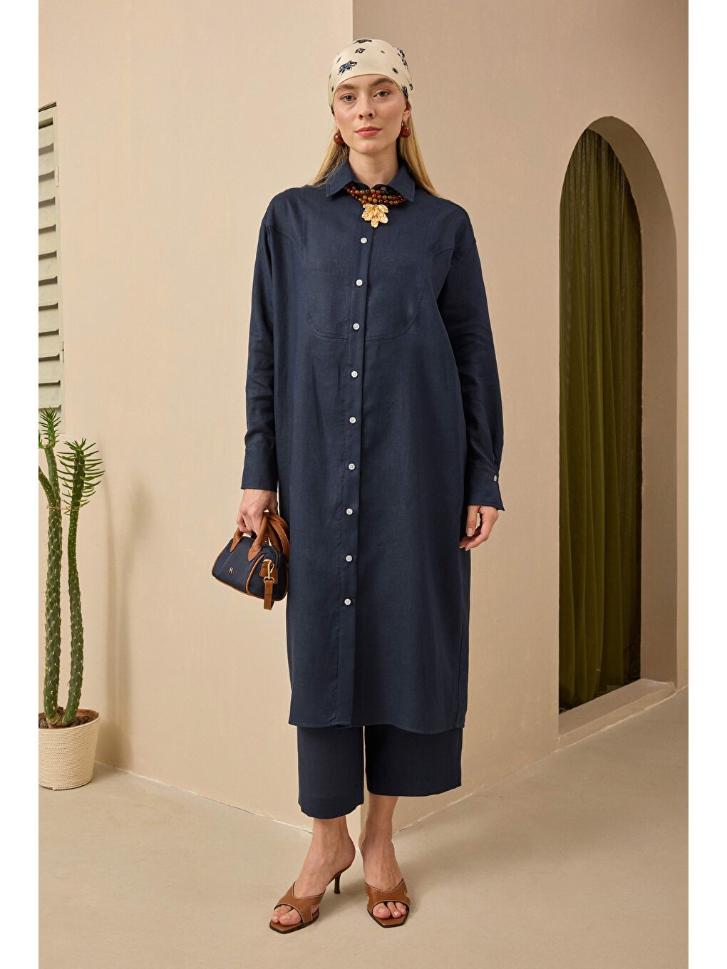 Lacivert Ham Keten Uzun Gömlek Gece Mavi