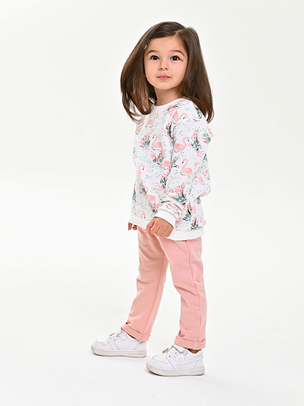 Pembe Bisiklet Yaka Baskılı Kız Bebek Sweatshirt ve Eşofman Alt 2'li Takım-1