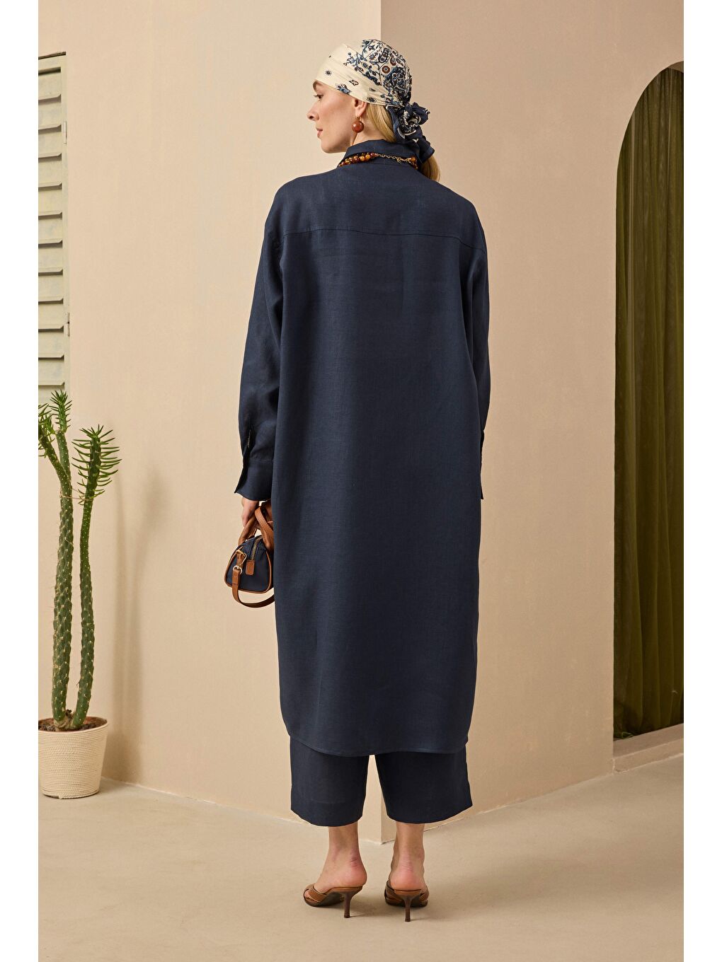 Lacivert Ham Keten Uzun Gömlek Gece Mavi-1