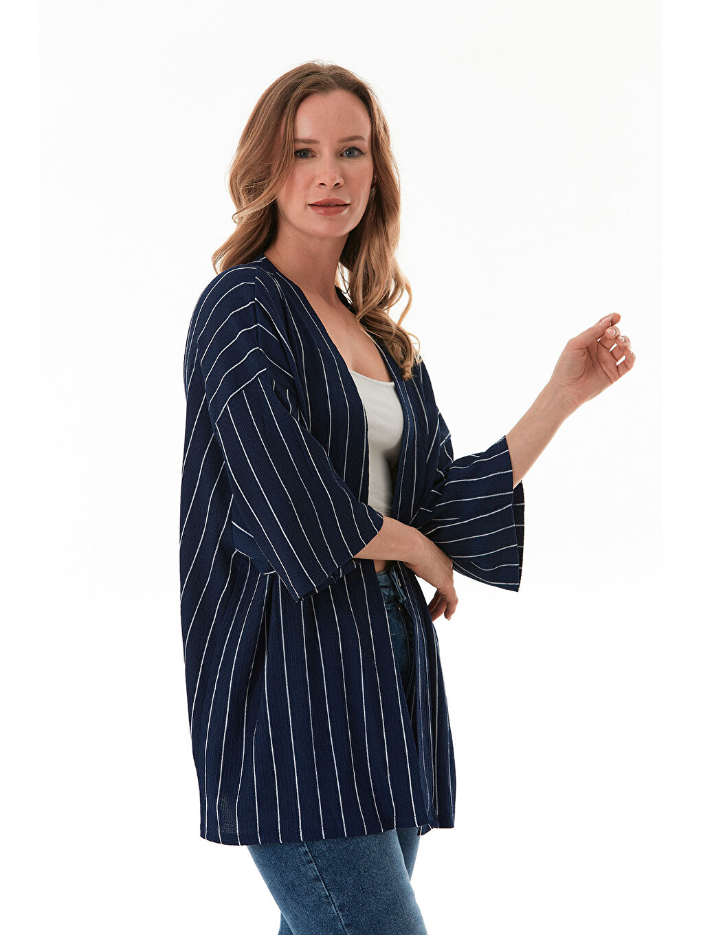 Lacivert Çizgili Bürümcük Kumaş Kimono-4