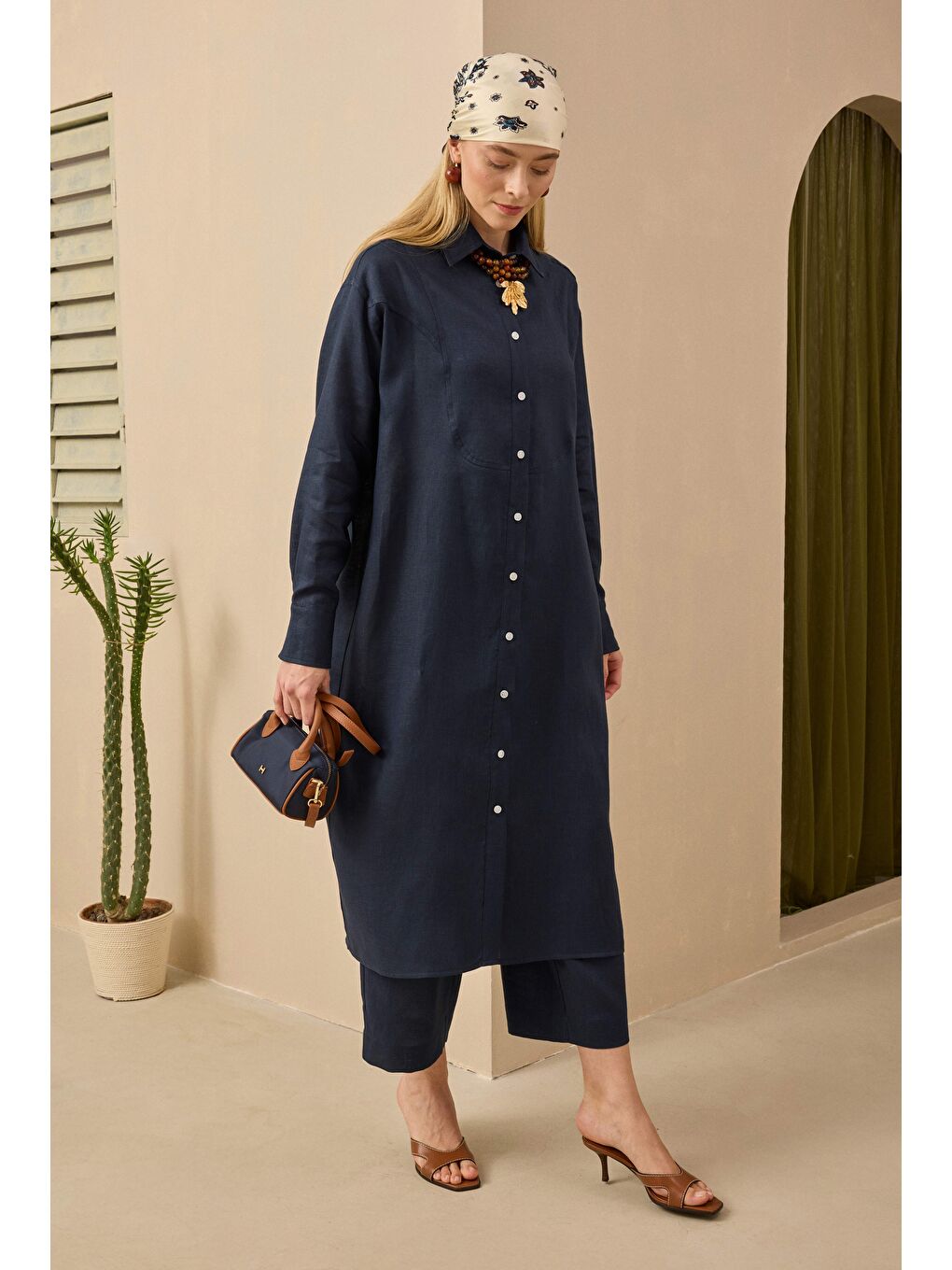 Lacivert Ham Keten Uzun Gömlek Gece Mavi-2