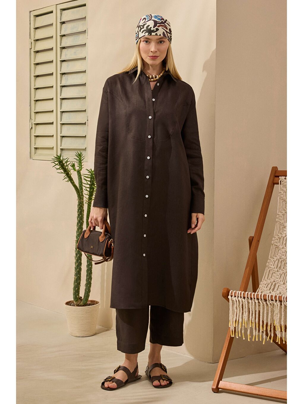 Kahverengi Ham Keten Uzun Gömlek Acı Kahve