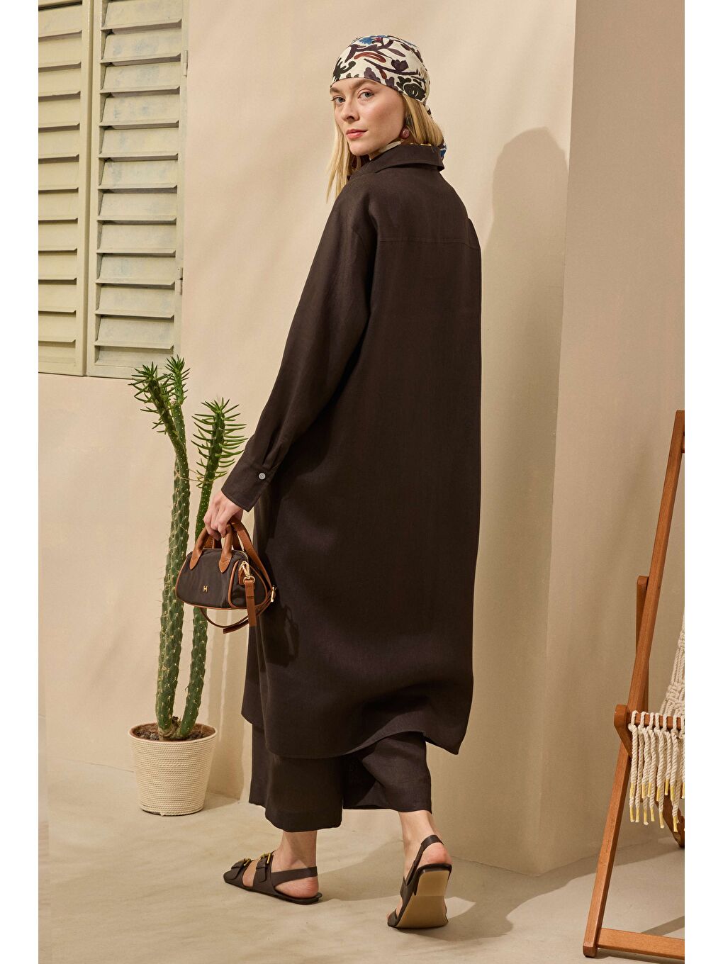 Kahverengi Ham Keten Uzun Gömlek Acı Kahve-1