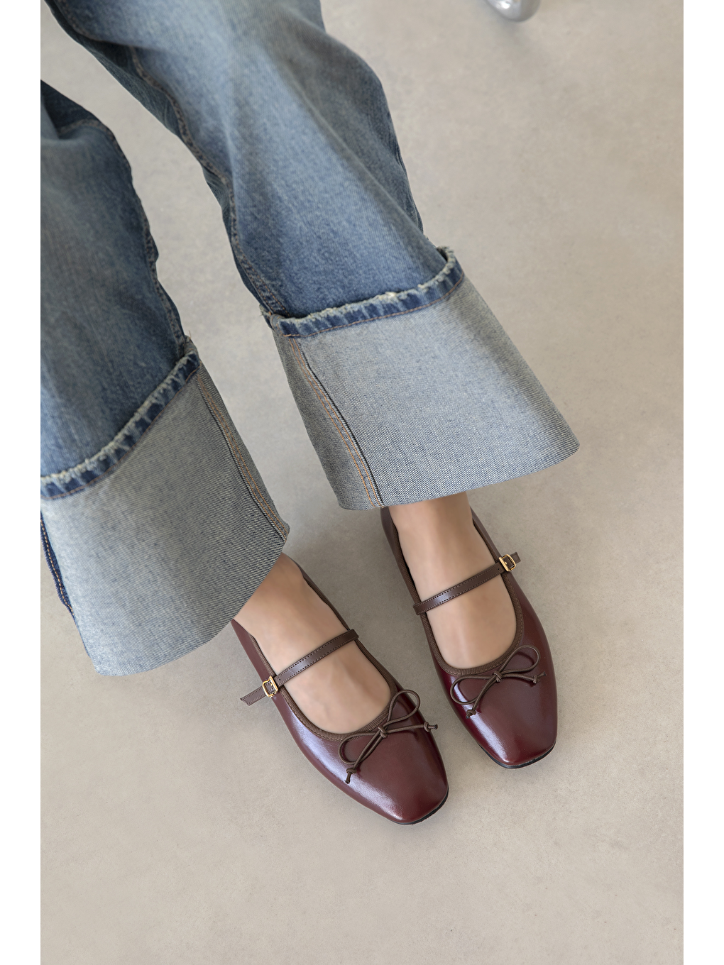 Maxy Kadın Fiyonk Detay Kırışık Deri Babet Bordo-2