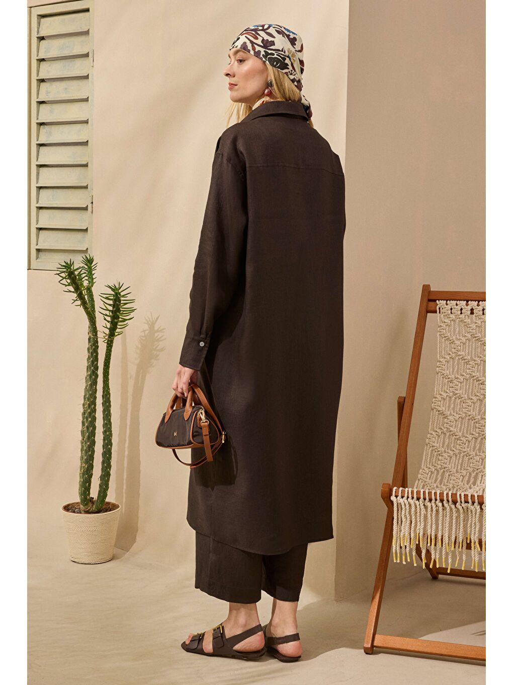 Kahverengi Ham Keten Uzun Gömlek Acı Kahve-2