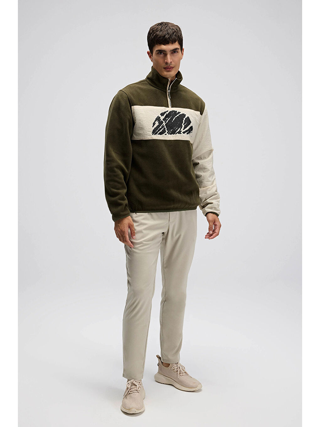 Haki Logolu Renk Bloklu Regular Fit Yarım Fermuarlı Dik Yaka Sweat EM519-KH-2