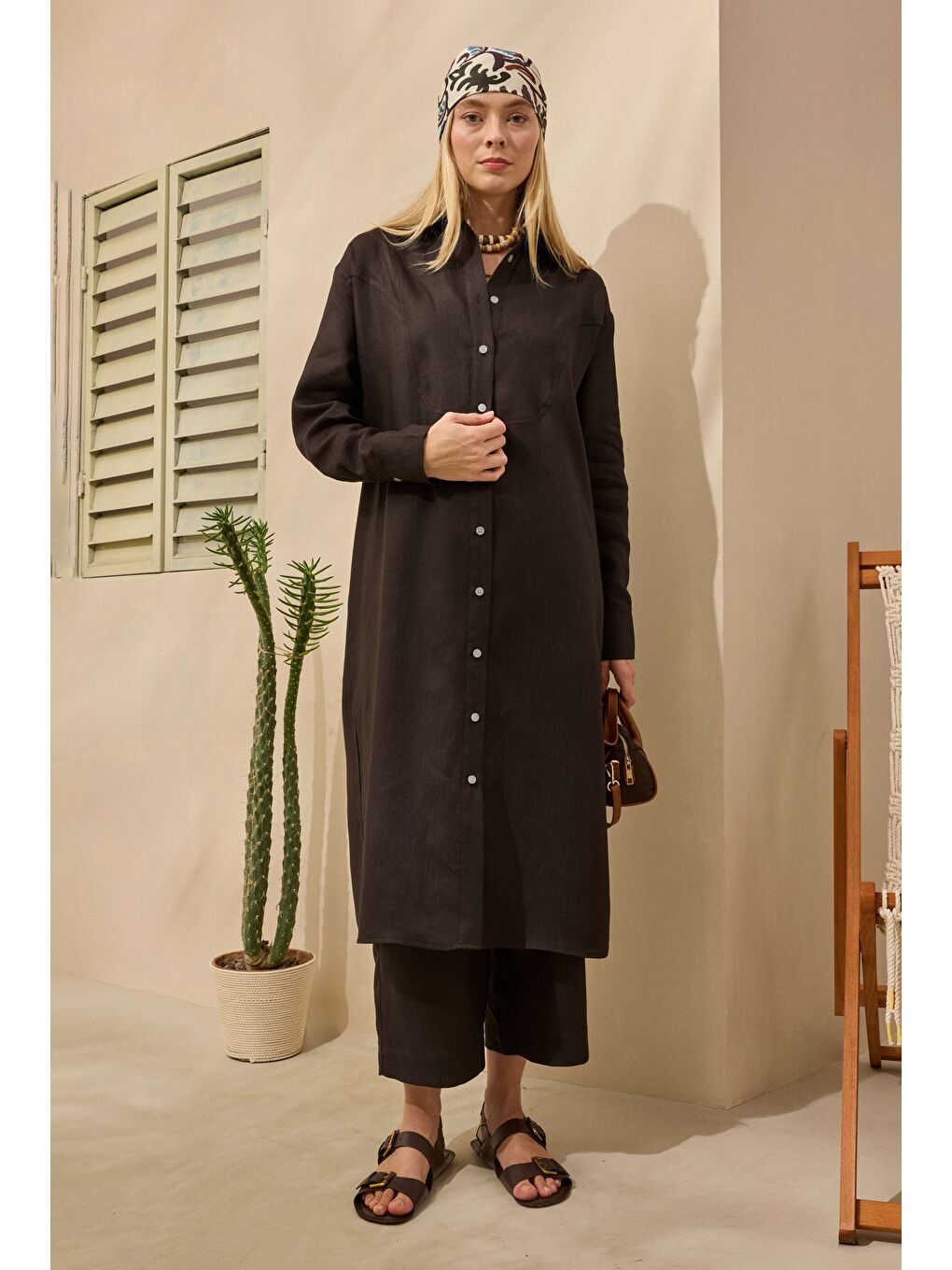 Kahverengi Ham Keten Uzun Gömlek Acı Kahve-3