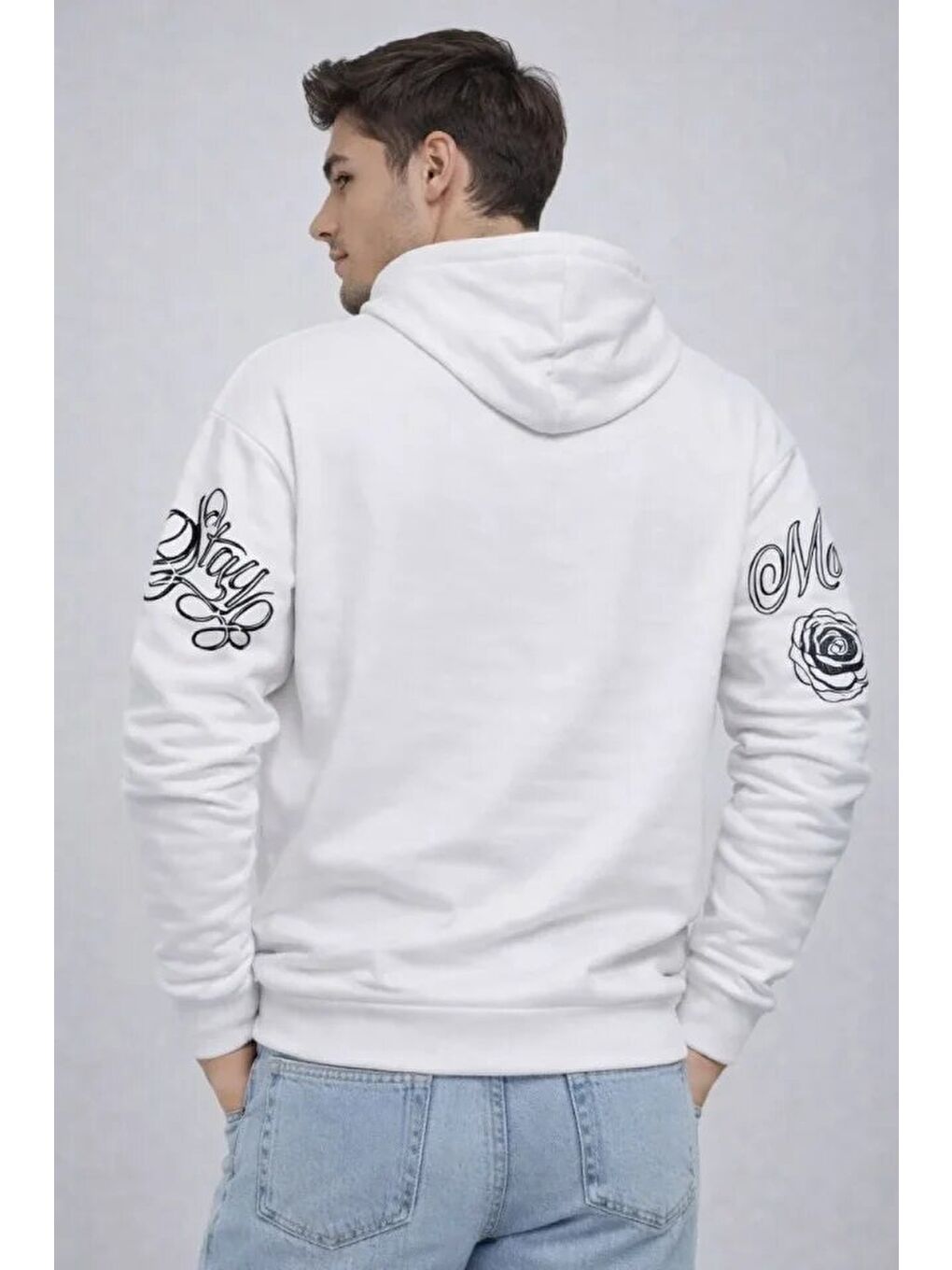 Beyaz Erkek 3 İplik Pamuklu Kapüşonlu Baskılı Sweatshirt Hoodie-1