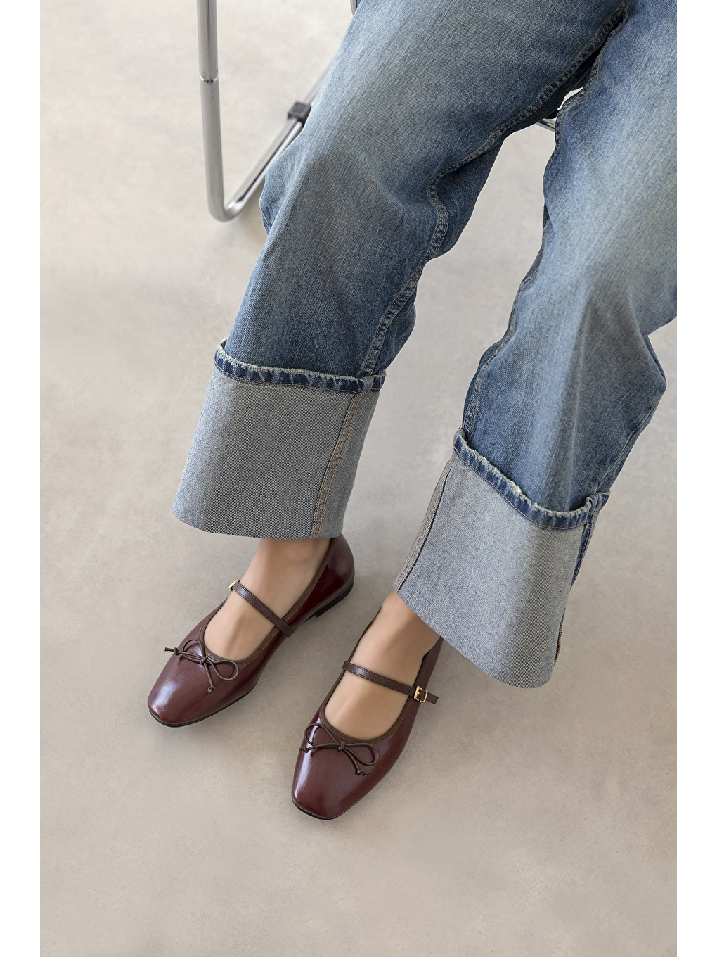 Maxy Kadın Fiyonk Detay Kırışık Deri Babet Bordo-3