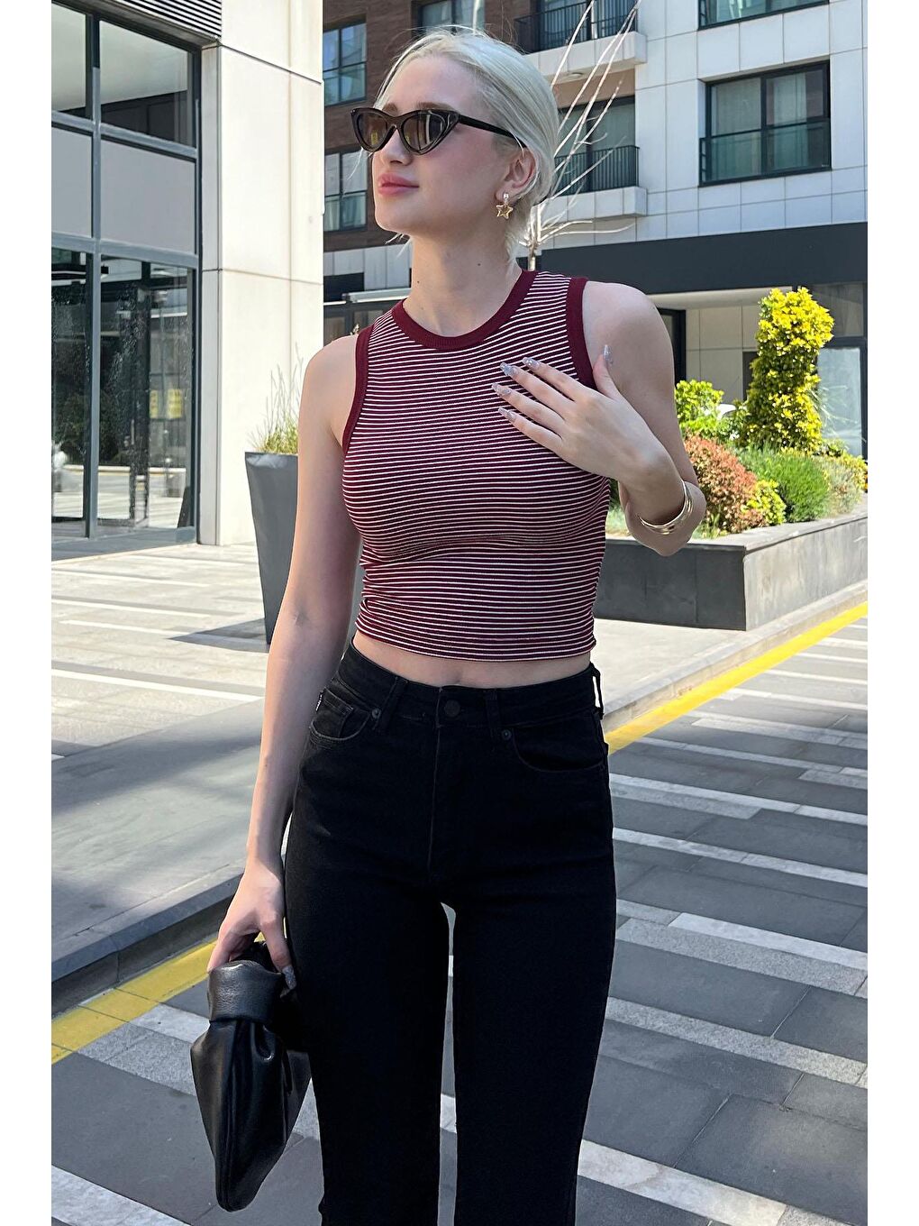 Bordo Kalın Askılı Elastanlı Crop Atlet Mg2118-2