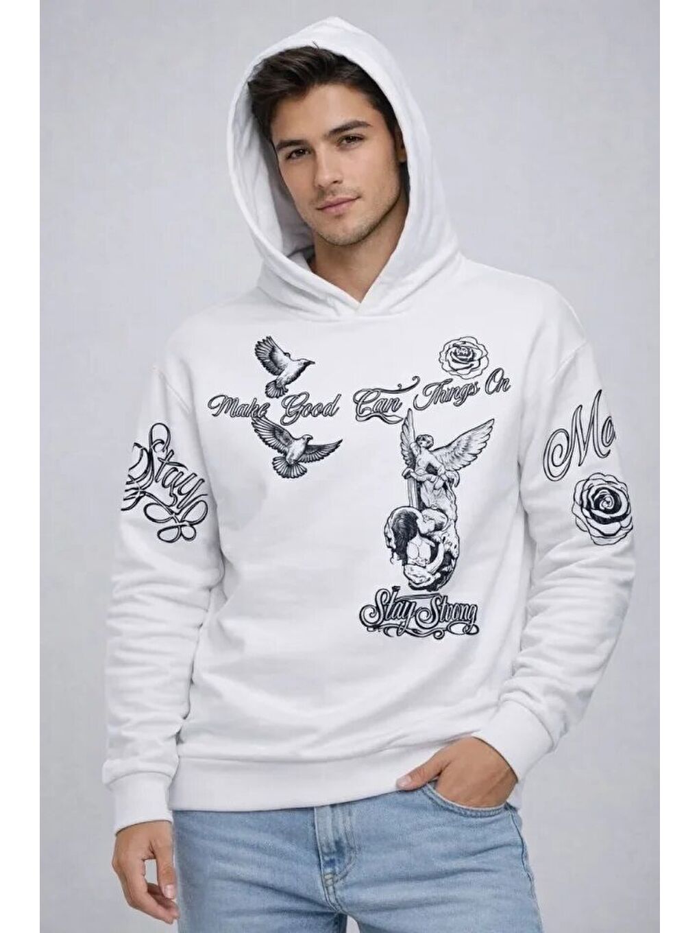 Beyaz Erkek 3 İplik Pamuklu Kapüşonlu Baskılı Sweatshirt Hoodie-2